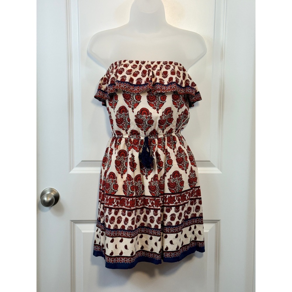 Mossimo Supply Co Womens Small Red Blue‎ Paisley Strapless Ruffle Romper Tassel